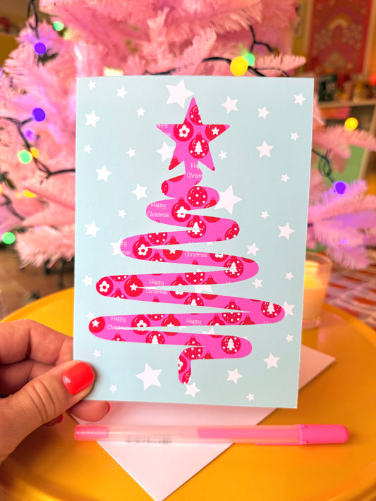 Pink Christmas Tree Card, Blank inside, Retro Pastel Xmas Card,