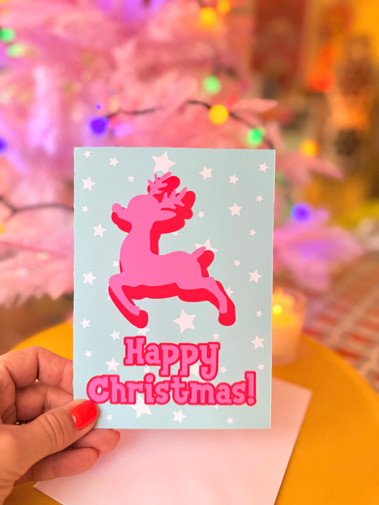 Pink Reindeer Christmas Card, Blank inside, Retro Pastel Xmas Card,