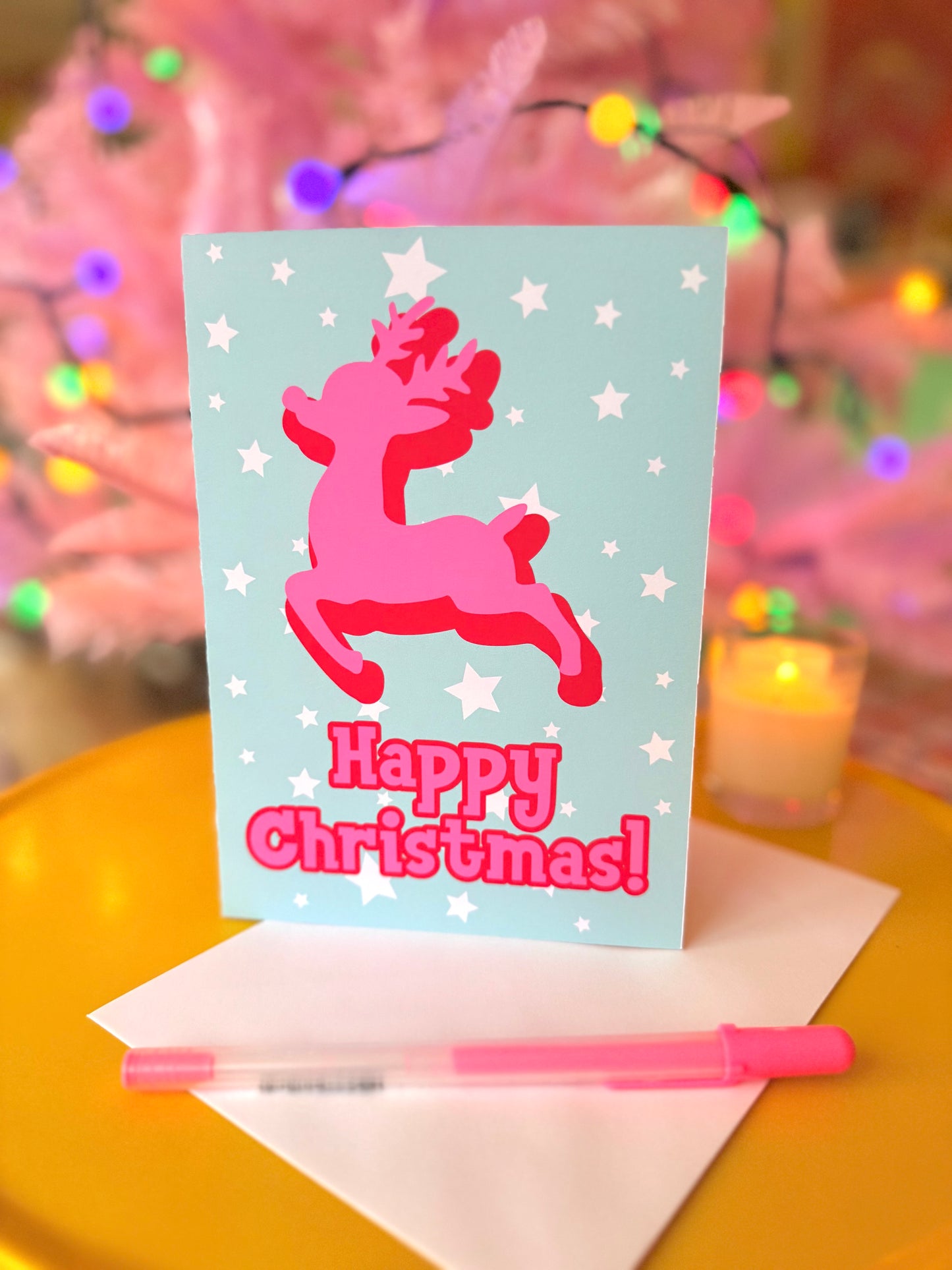 Pink Reindeer Christmas Card, Blank inside, Retro Pastel Xmas Card,