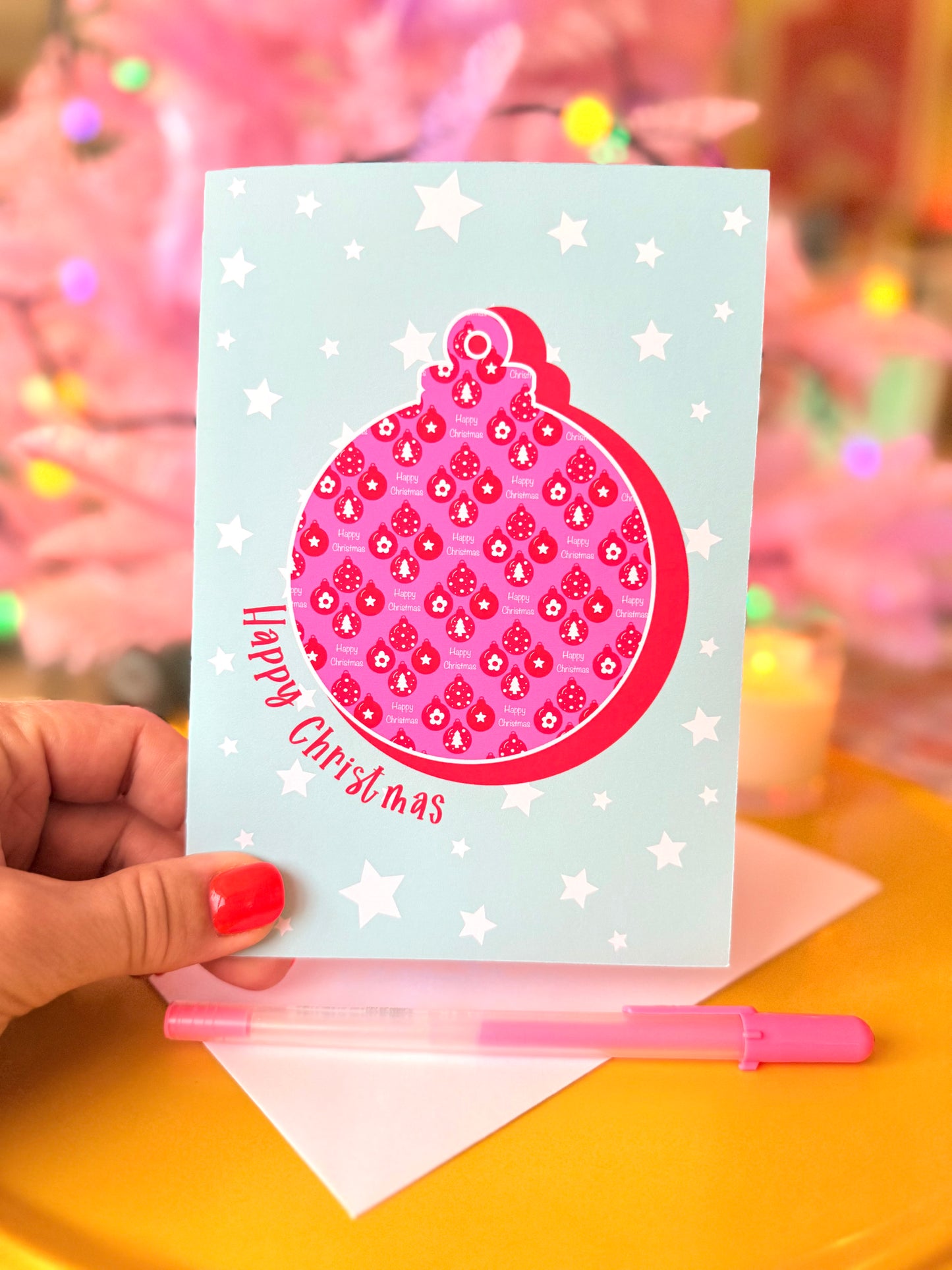 Pink Christmas Bauble Card, Blank inside, Retro Pastel Xmas Card,