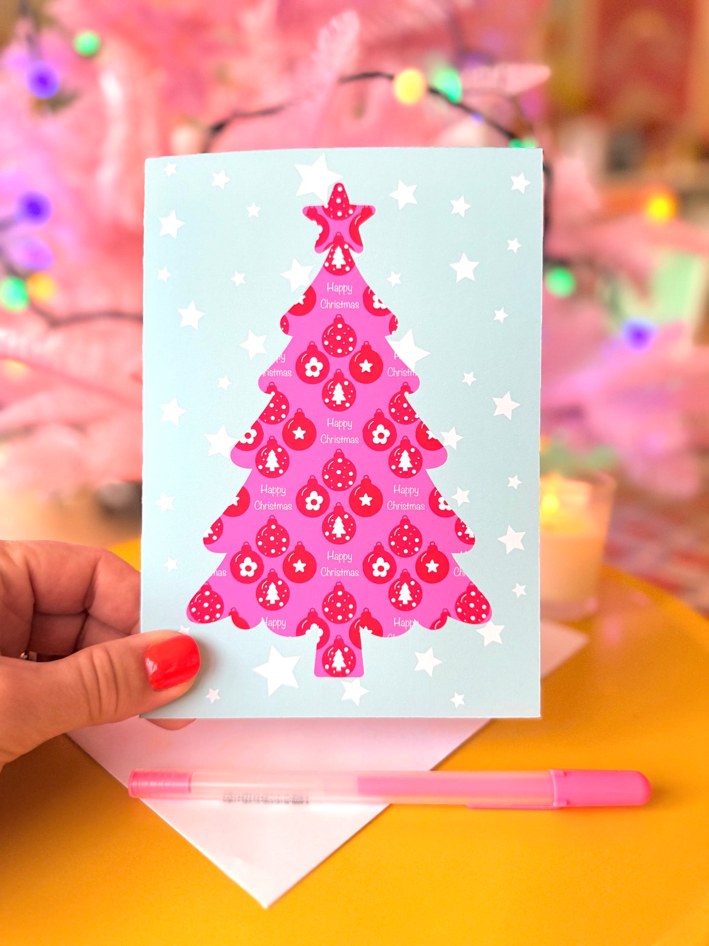 Pink Christmas Tree Card, Blank inside, Retro Pastel Xmas Card,
