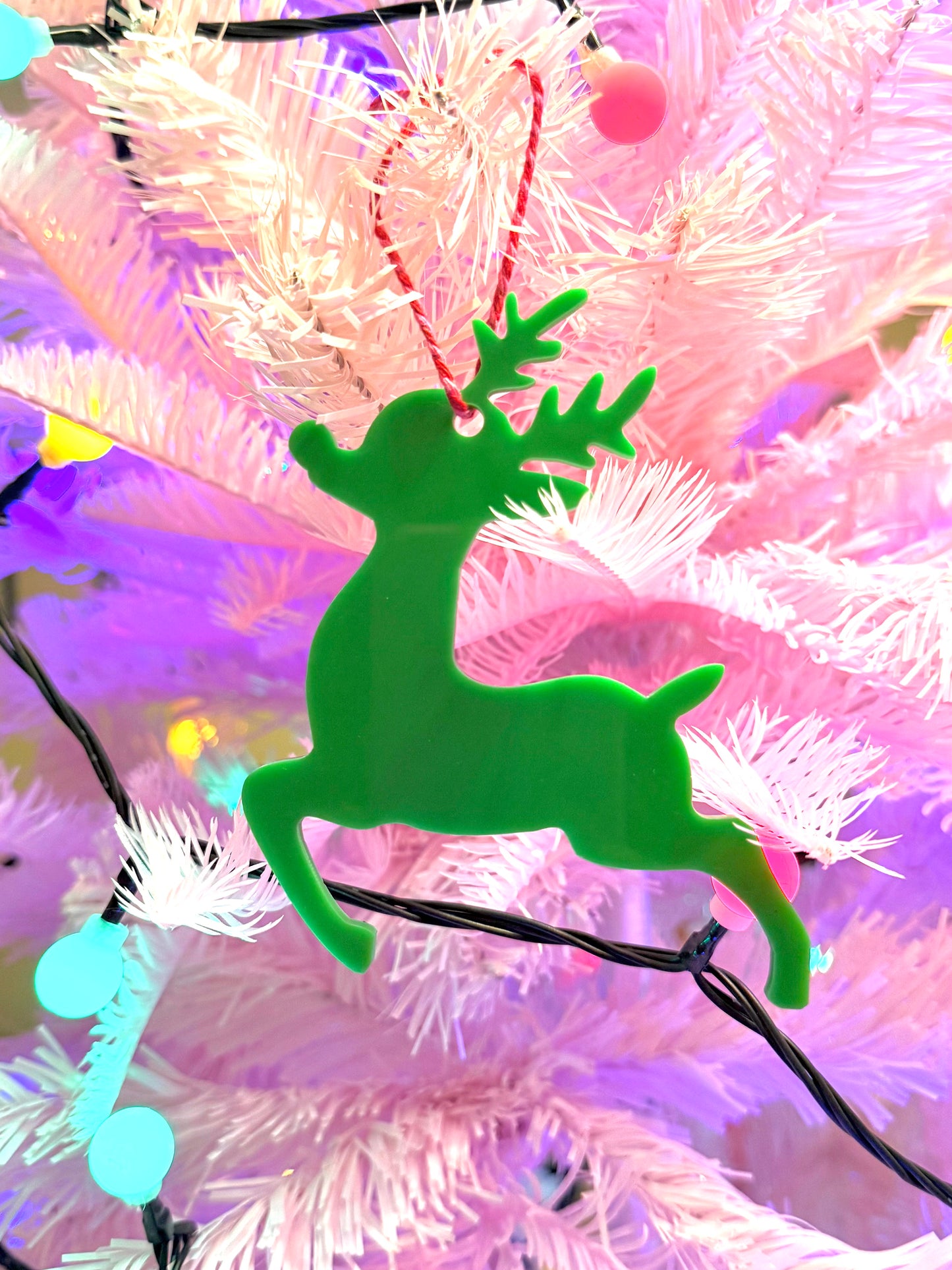 Hanging Reindeer Christmas Tree Decoration, All the colours of the Rainbow.