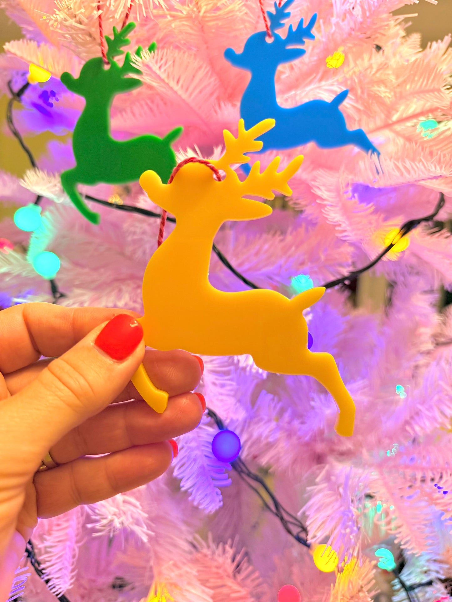 Hanging Reindeer Christmas Tree Decoration, All the colours of the Rainbow.