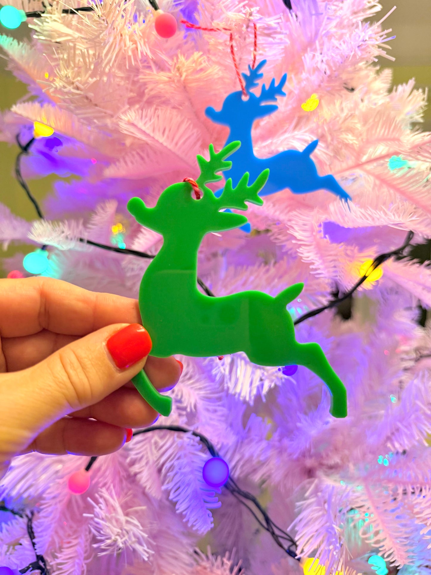 Hanging Reindeer Christmas Tree Decoration, All the colours of the Rainbow.