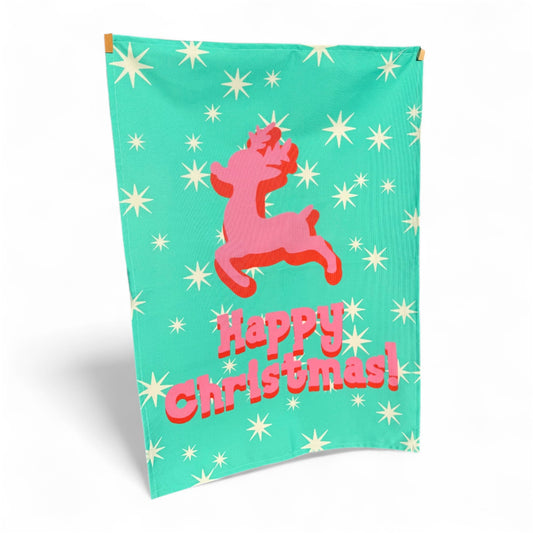 Kitsch Christmas Tea Towel, Pink Deer, Retro Kitchen Decor