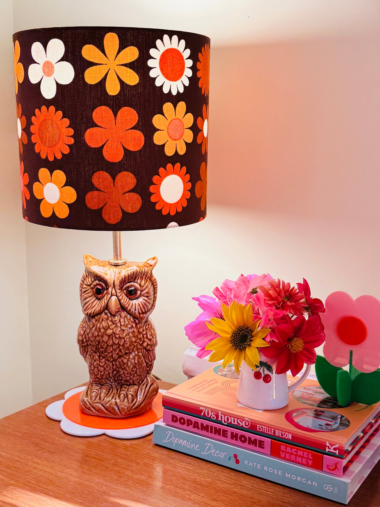 Vintage Owl Table Lamp, Handmade Retro Flower Fabric Lampshade