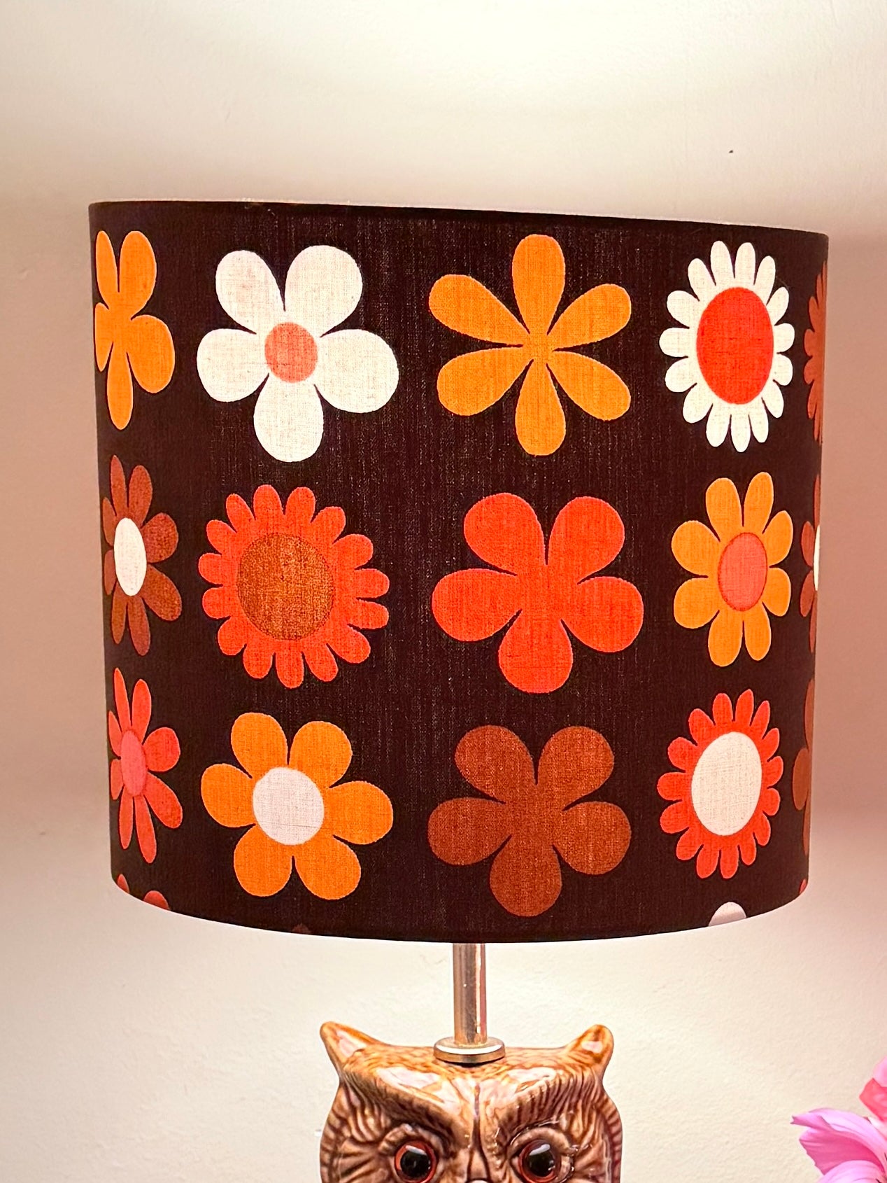 Vintage Owl Table Lamp, Handmade Retro Flower Fabric Lampshade