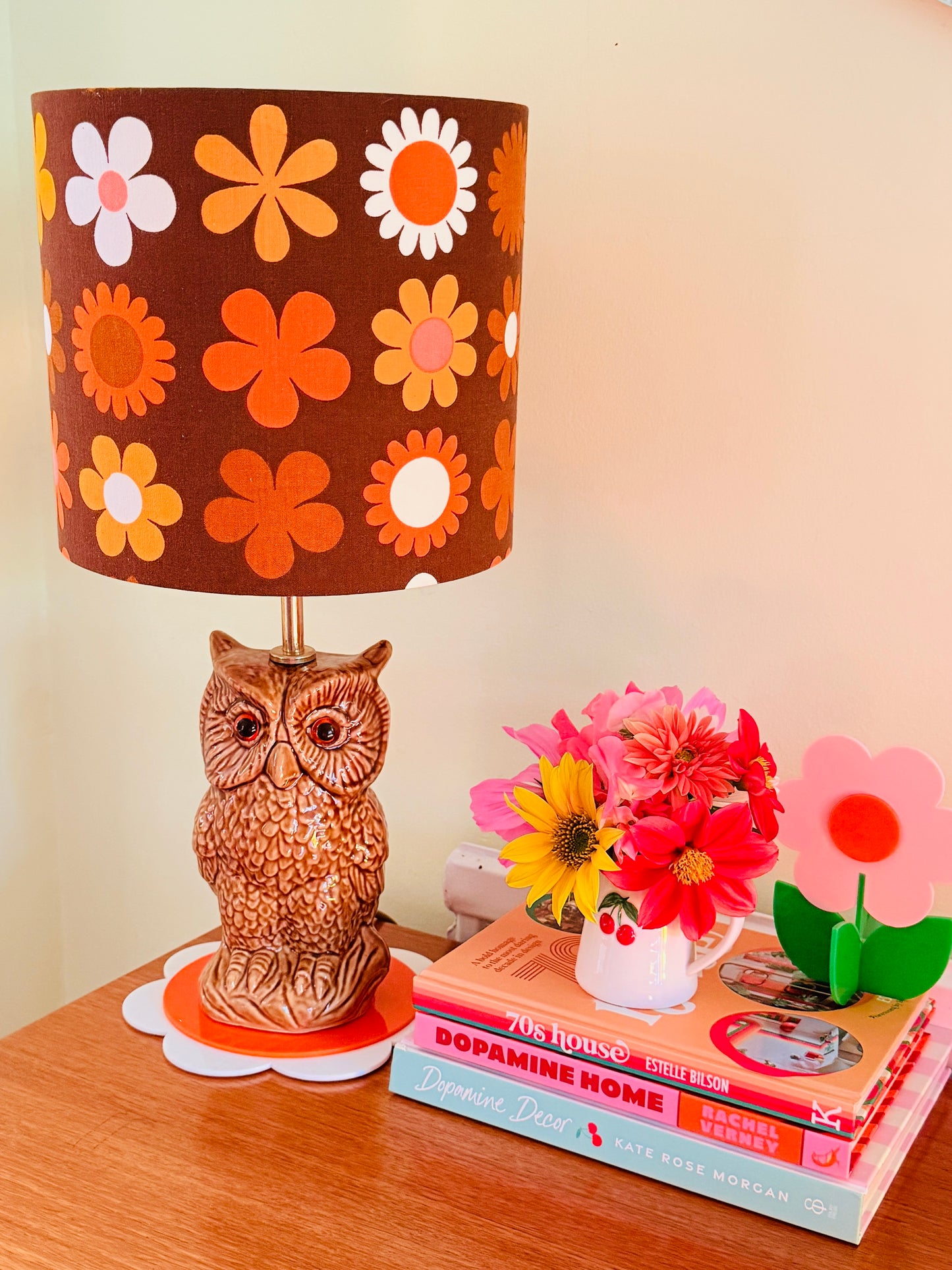 Vintage Owl Table Lamp, Handmade Retro Flower Fabric Lampshade