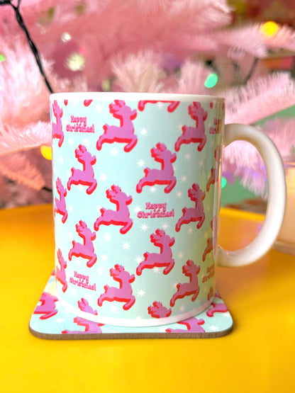 Kitsch Christmas Deer Mug and Coaster Set, Secret Santa Gift