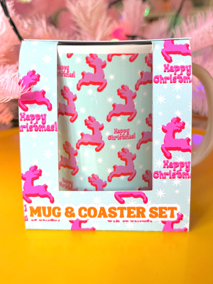 Kitsch Christmas Deer Mug and Coaster Set, Secret Santa Gift