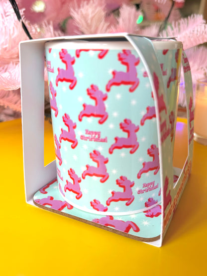 Kitsch Christmas Deer Mug and Coaster Set, Secret Santa Gift