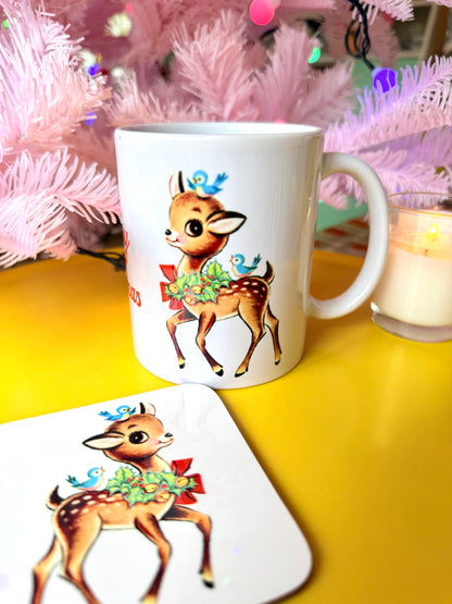 Kitsch Christmas Deer Mug and Coaster Set, Secret Santa Gift
