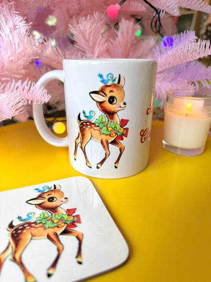 Kitsch Christmas Deer Mug and Coaster Set, Secret Santa Gift