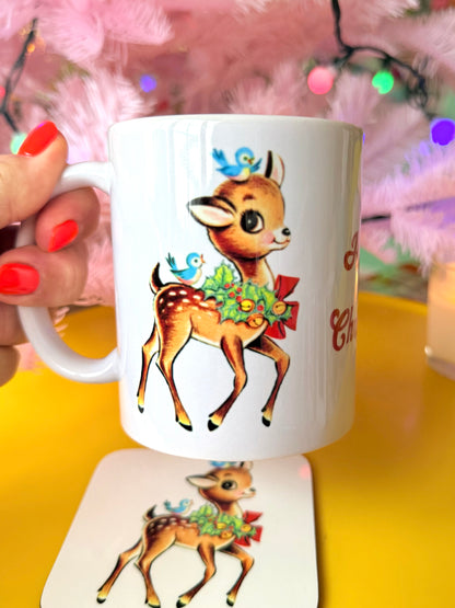 Kitsch Christmas Deer Mug and Coaster Set, Secret Santa Gift