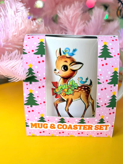 Kitsch Christmas Deer Mug and Coaster Set, Secret Santa Gift