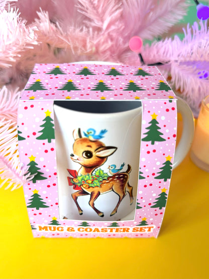 Kitsch Christmas Deer Mug and Coaster Set, Secret Santa Gift