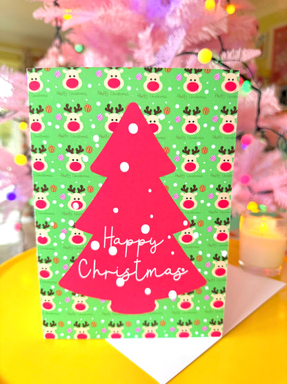 Fun Red Christmas Tree and Reindeer Card, Blank inside, Large Xmas Card,