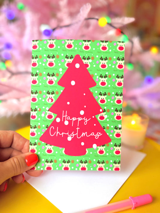 Fun Red Christmas Tree and Reindeer Card, Blank inside, Large Xmas Card,