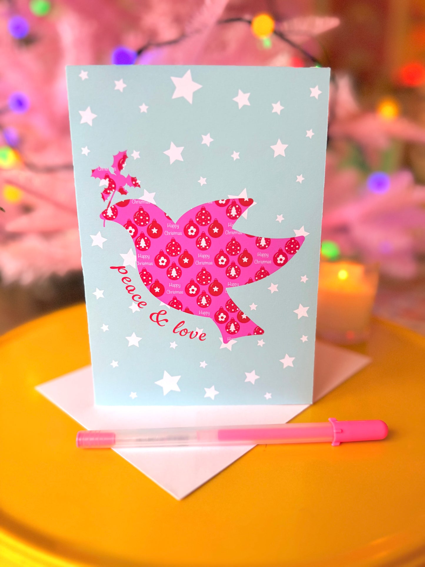 Pink Bird of Peace Christmas Card, Blank inside, Retro Pastel Xmas Card,