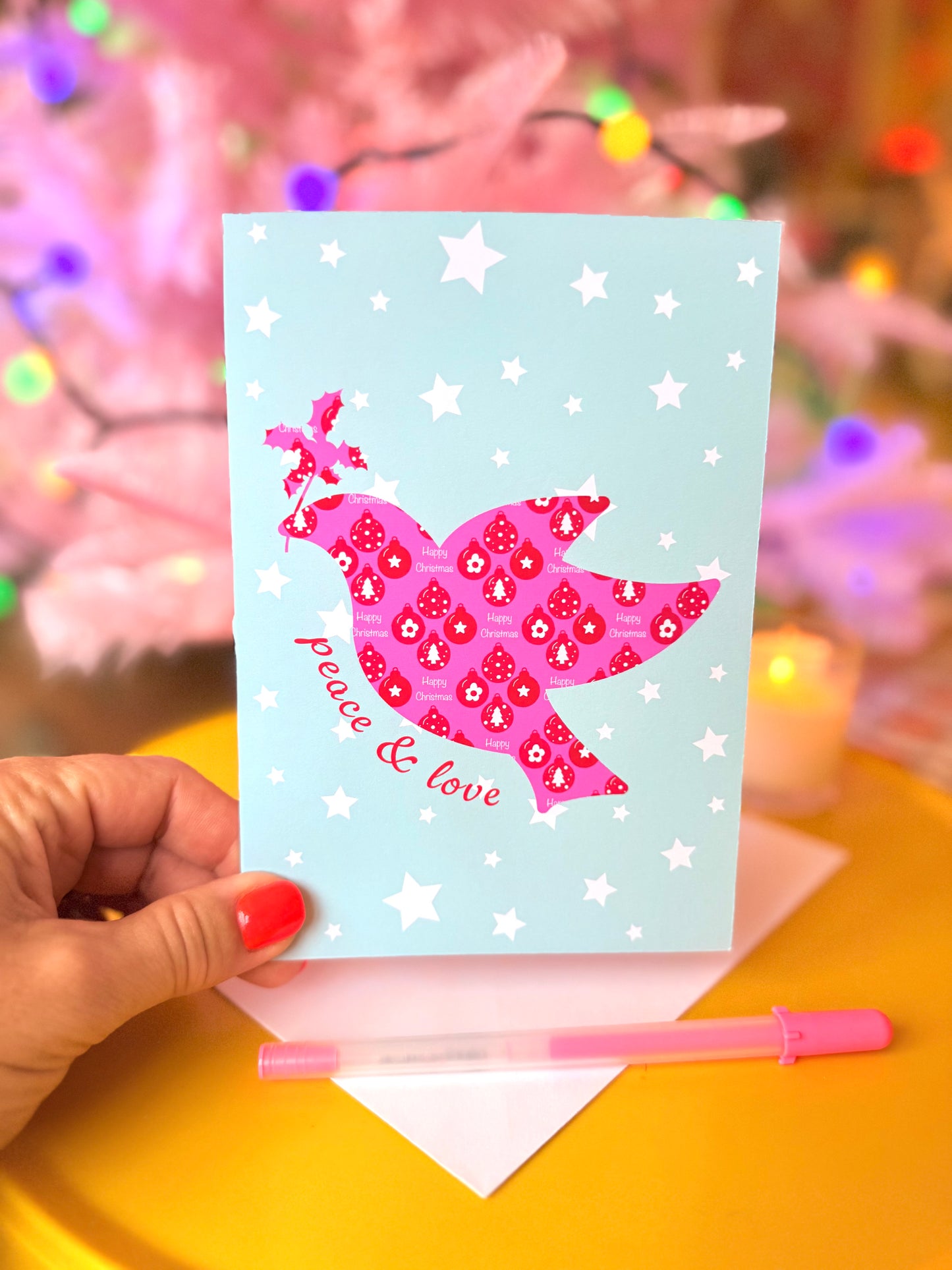 Pink Bird of Peace Christmas Card, Blank inside, Retro Pastel Xmas Card,