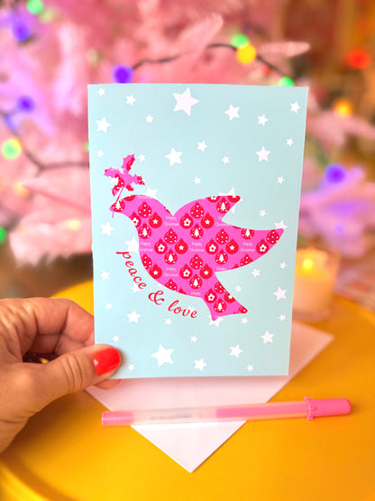 Pink Bird of Peace Christmas Card, Blank inside, Retro Pastel Xmas Card,