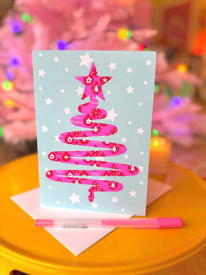 Pink Christmas Tree Card, Blank inside, Retro Pastel Xmas Card,