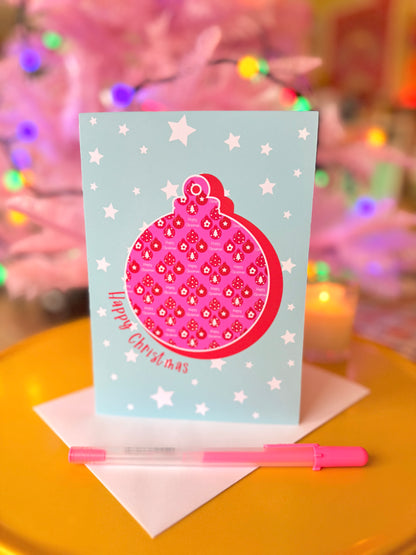 Pink Christmas Bauble Card, Blank inside, Retro Pastel Xmas Card,