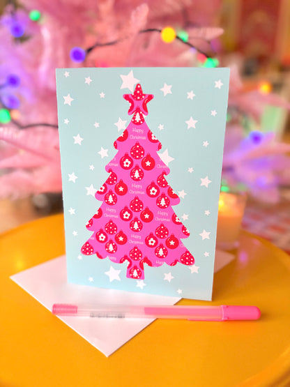 Pink Christmas Tree Card, Blank inside, Retro Pastel Xmas Card,
