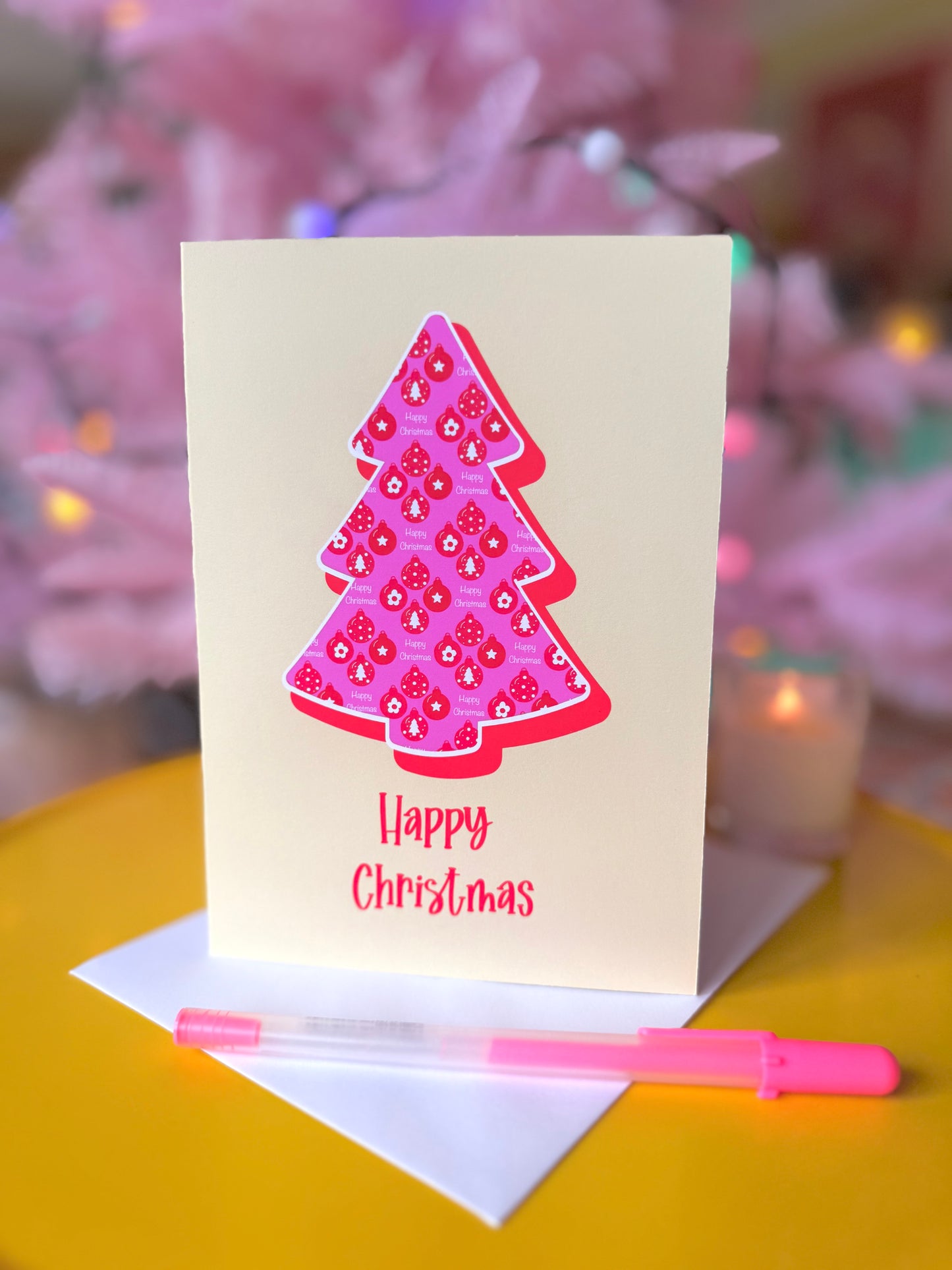 Pink Christmas Tree, Happy Christmas Card, Blank inside, Large Xmas Card,