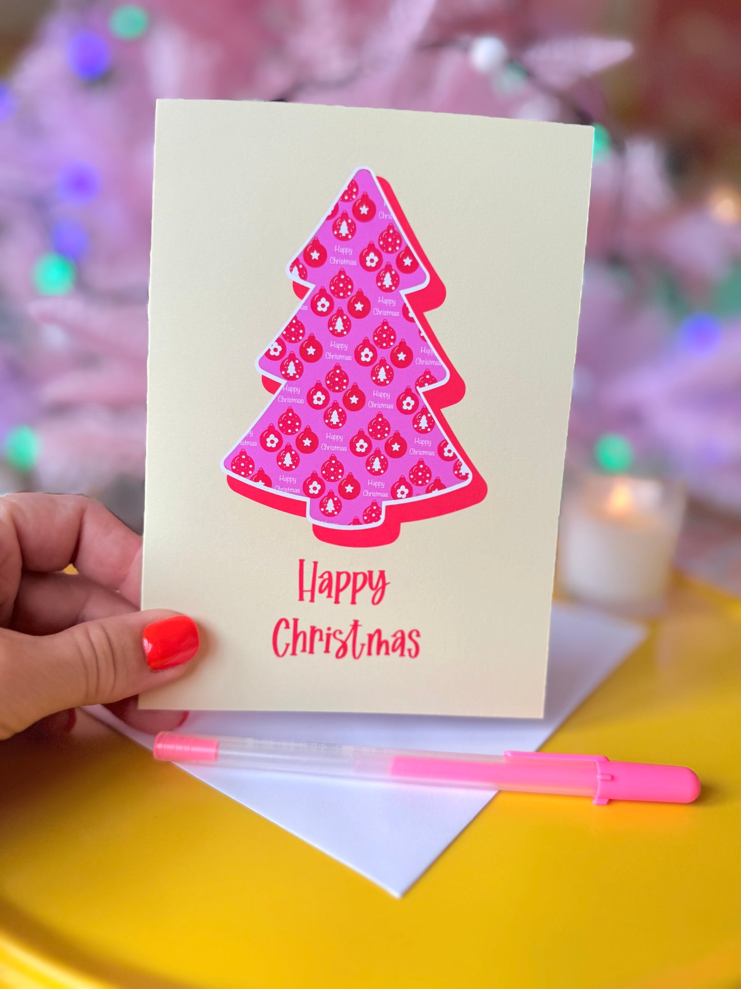 Pink Christmas Tree, Happy Christmas Card, Blank inside, Large Xmas Card,