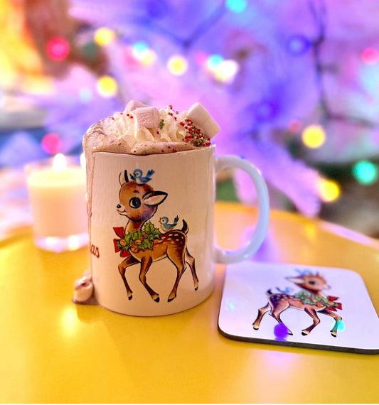 Kitsch Christmas Deer Mug and Coaster Set, Secret Santa Gift