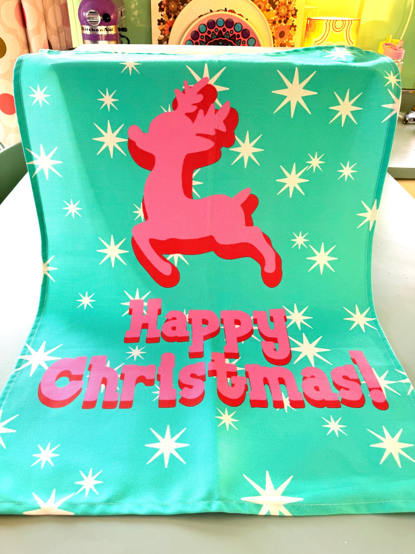 Kitsch Christmas Tea Towel, Pink Deer, Retro Kitchen Decor
