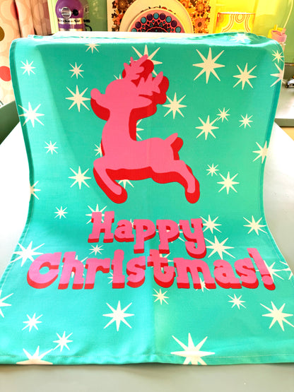 Kitsch Christmas Tea Towel, Pink Deer, Retro Kitchen Decor