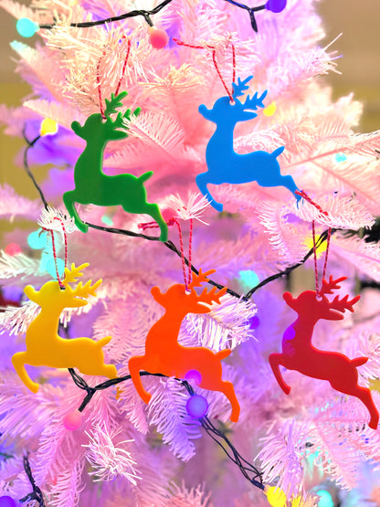 Hanging Reindeer Christmas Tree Decoration, All the colours of the Rainbow.