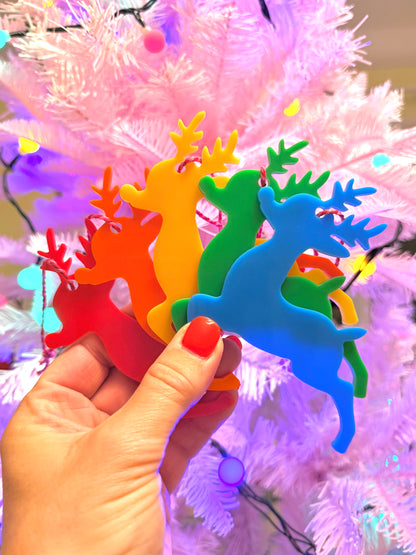 Hanging Reindeer Christmas Tree Decoration, All the colours of the Rainbow.