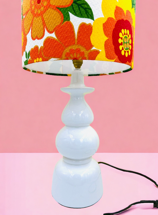 Large Vintage Ceramic Table Lamp with a Retro Floral, Vintage Fabric Lampshade