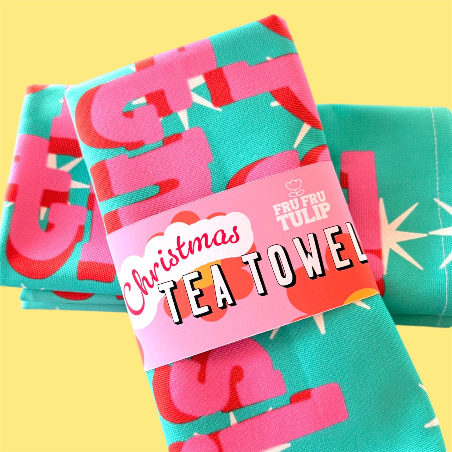 Kitsch Christmas Tea Towel, Pink Deer, Retro Kitchen Decor