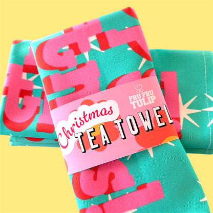 Kitsch Christmas Tea Towel, Pink Deer, Retro Kitchen Decor