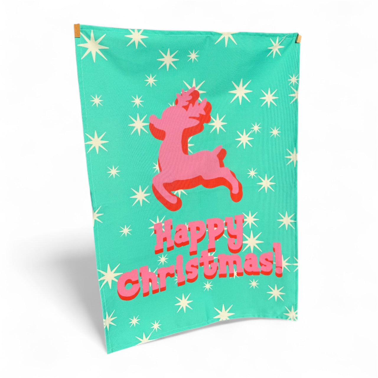 Kitsch Christmas Tea Towel, Pink Deer, Retro Kitchen Decor