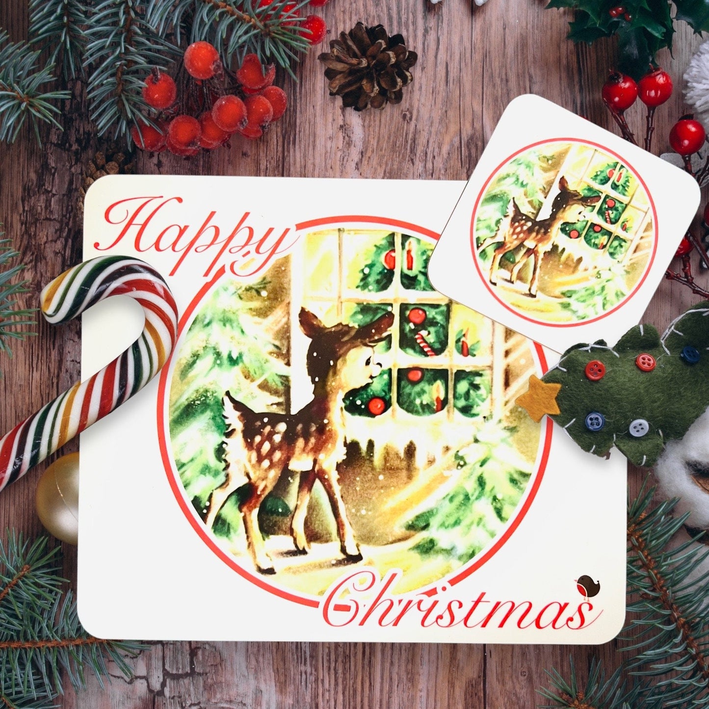 Christmas Kitsch Deer Placemat and Coaster set